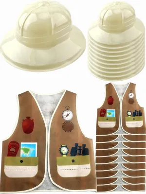 20 Pcs Kids Explorer Costume Set Includes 10 Pcs Explorer Vests and 10 Pcs Explorer Helmets for Boys Girls Halloween Dress up Jungle Party Role Play