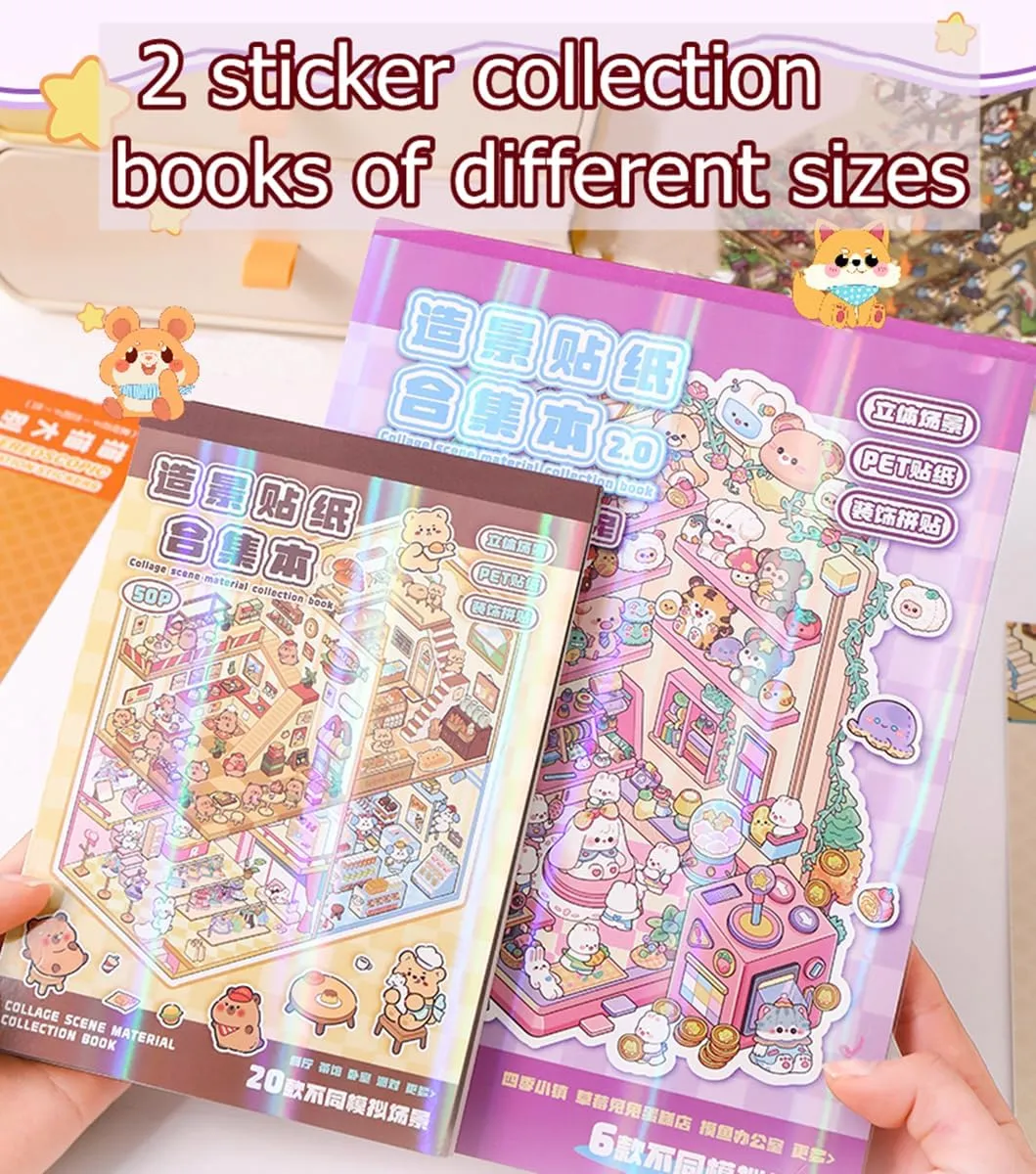 20 Sets DIY 3D House Stickers Collection Book, 3D Scene Miniature, Miniature Simulated Cabin Scene Game, Cute Cartoon Stickers for Adults and Kids, Fun Room Sticker Material Book for Girls