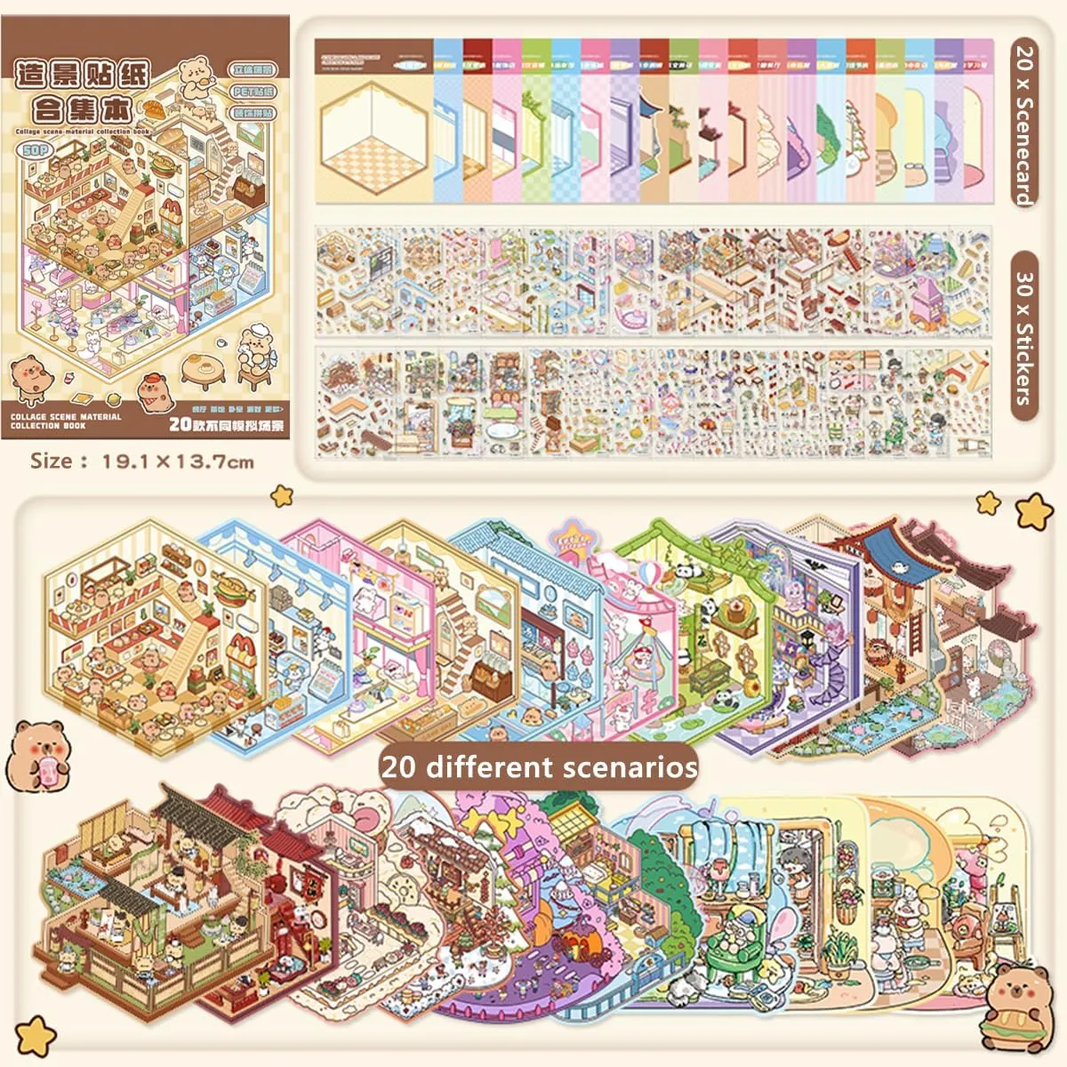 20 Sets DIY 3D House Stickers Collection Book, 3D Scene Miniature, Miniature Simulated Cabin Scene Game, Cute Cartoon Stickers for Adults and Kids, Fun Room Sticker Material Book for Girls