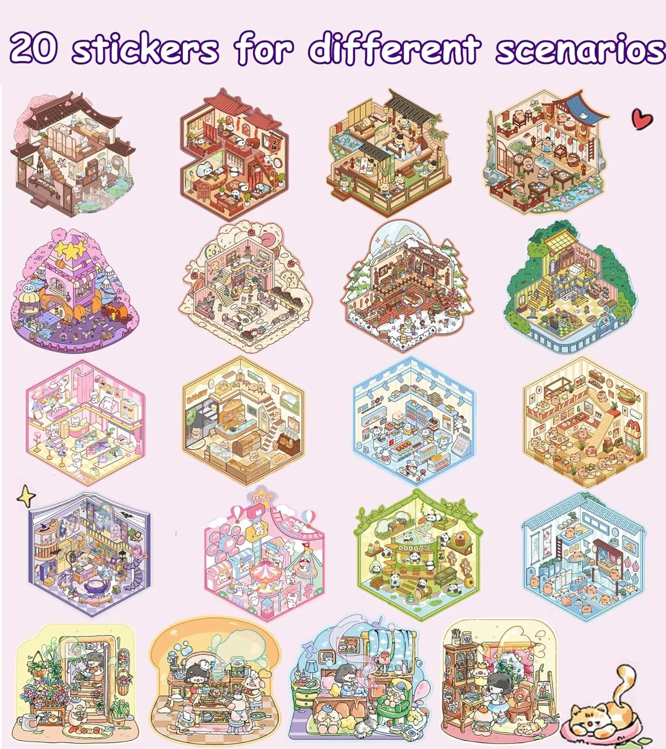 20 Sets DIY 3D House Stickers Collection Book, 3D Scene Miniature, Miniature Simulated Cabin Scene Game, Cute Cartoon Stickers for Adults and Kids, Fun Room Sticker Material Book for Girls