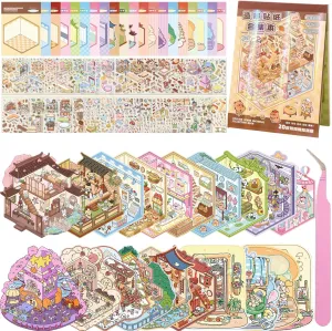 20 Sets DIY 3D House Stickers Collection Book, 3D Scene Miniature, Miniature Simulated Cabin Scene Game, Cute Cartoon Stickers for Adults and Kids, Fun Room Sticker Material Book for Girls