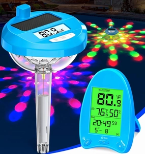 2025 Wireless Pool Thermometer Solar-Powered | Dynamic LED Light Show & Dual Backlit Display - Easy Read, 650FT Wireless Transmission | Floating Pool Water Temperature Gauge for Pools & Spas