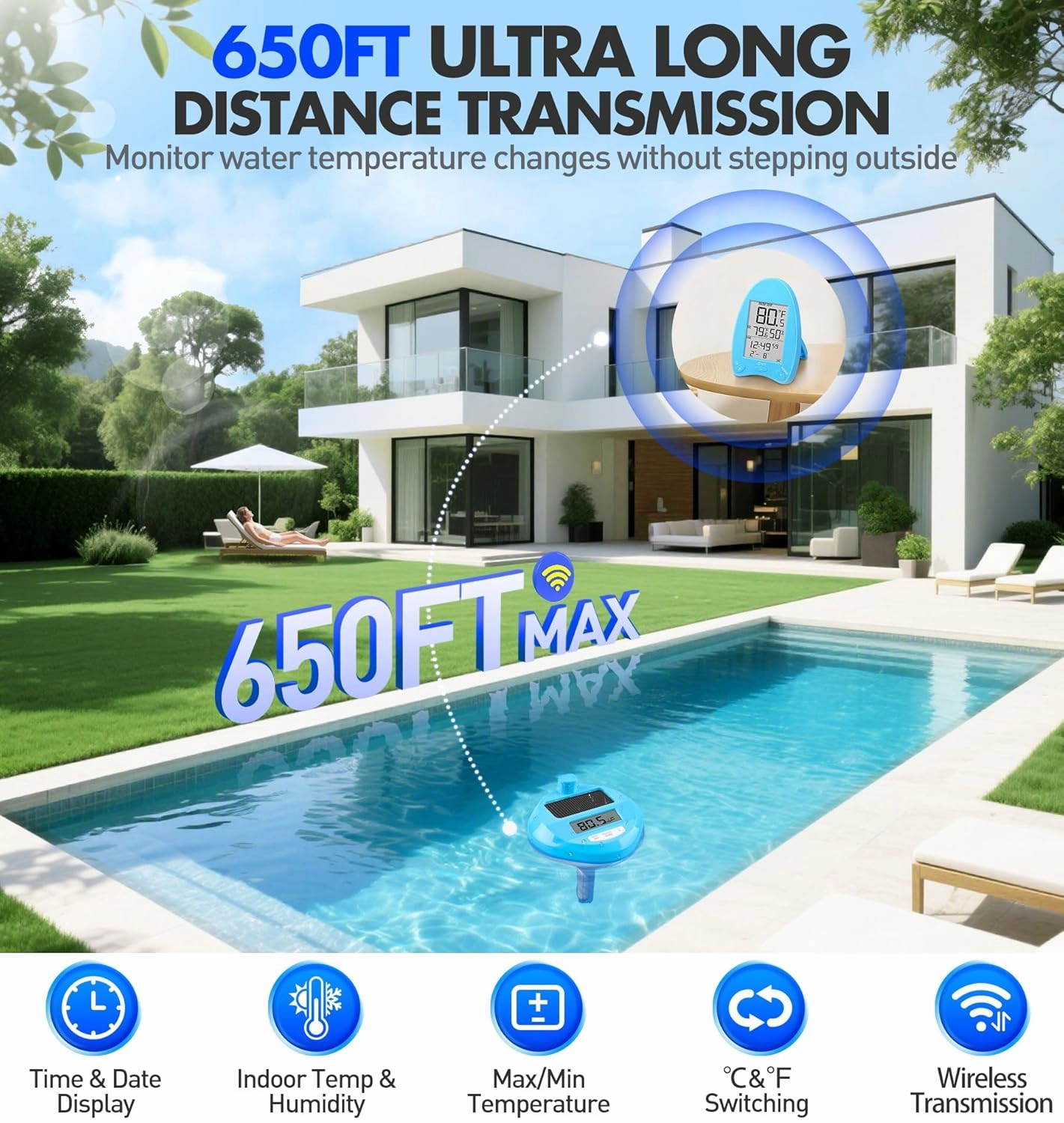 2025 Wireless Pool Thermometer Solar-Powered | Dynamic LED Light Show & Dual Backlit Display - Easy Read, 650FT Wireless Transmission | Floating Pool Water Temperature Gauge for Pools & Spas