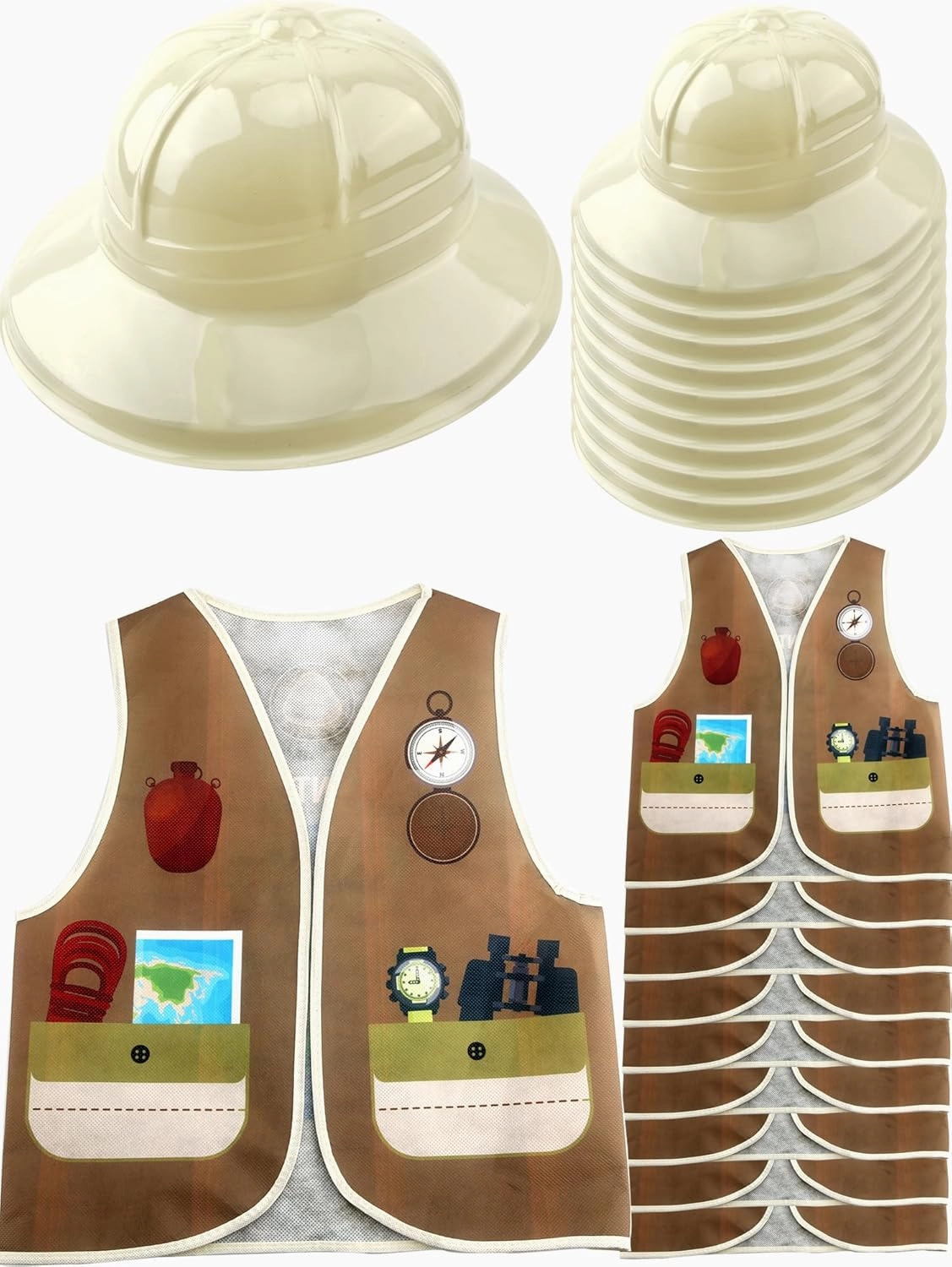 20 Pcs Kids Explorer Costume Set Includes 10 Pcs Explorer Vests and 10 Pcs Explorer Helmets for Boys Girls Halloween Dress up Jungle Party Role Play