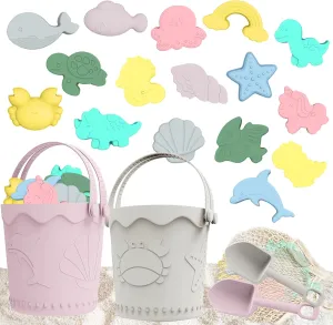 21Pcs Baby Beach Toys, Silicone Beach Toys, Travel Friendly Beach Set, 2 Bucket, 2 Shovel, 16 Sand Molds, Beach Bag, 1 Pack Sand Toys for Toddlers, Kids