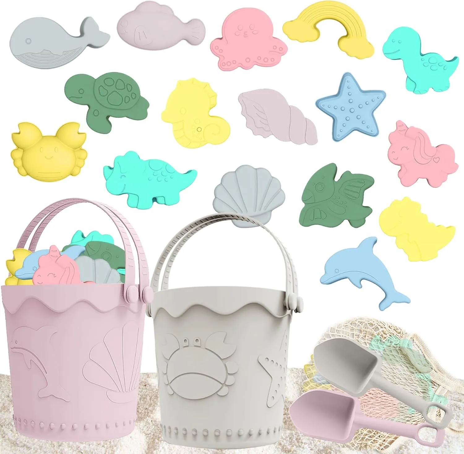 21Pcs Baby Beach Toys, Silicone Beach Toys, Travel Friendly Beach Set, 2 Bucket, 2 Shovel, 16 Sand Molds, Beach Bag, 1 Pack Sand Toys for Toddlers, Kids