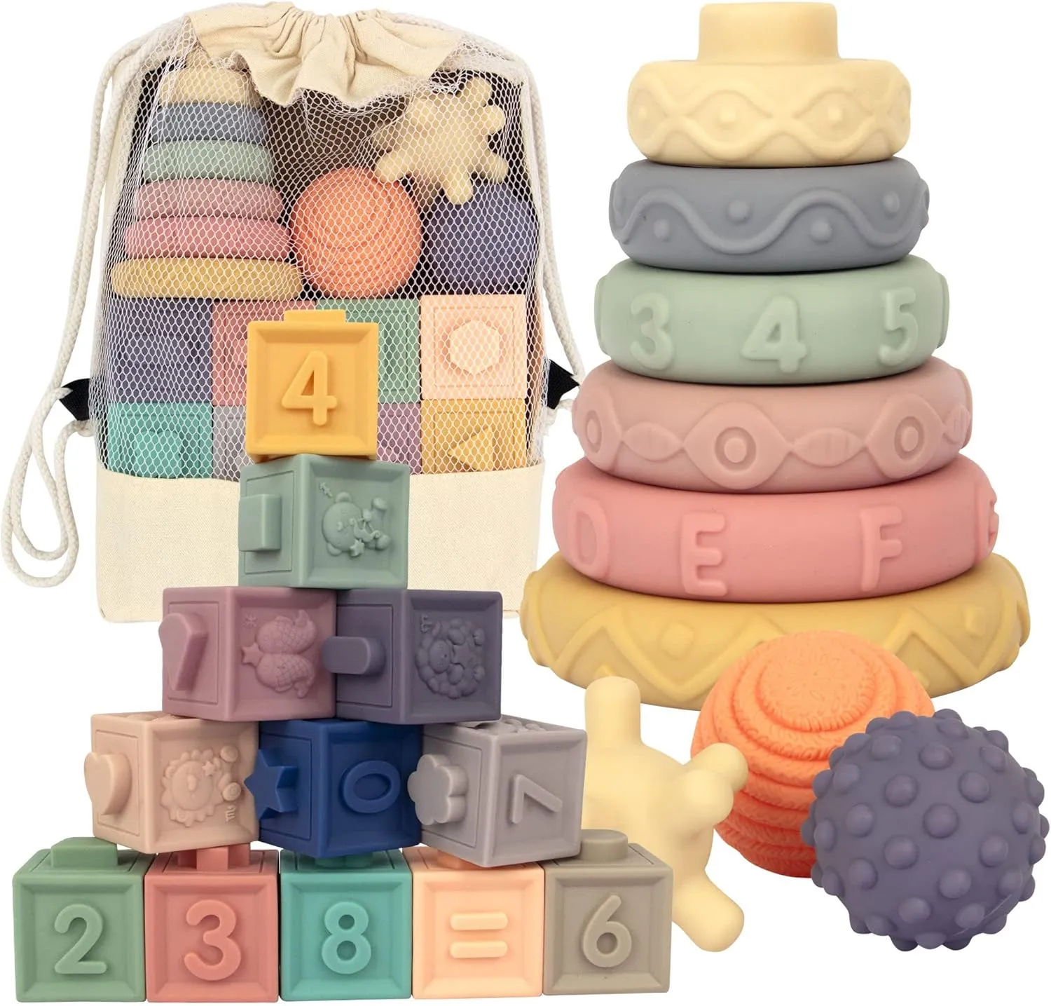 21PCS Montessori Toys for Babies,Teething Toys for Babies Months, 6 Months , Early Educational Learning Stacking Tower, Sensory for Toddlers 1-3, Soft Rings Stacker & Teethers