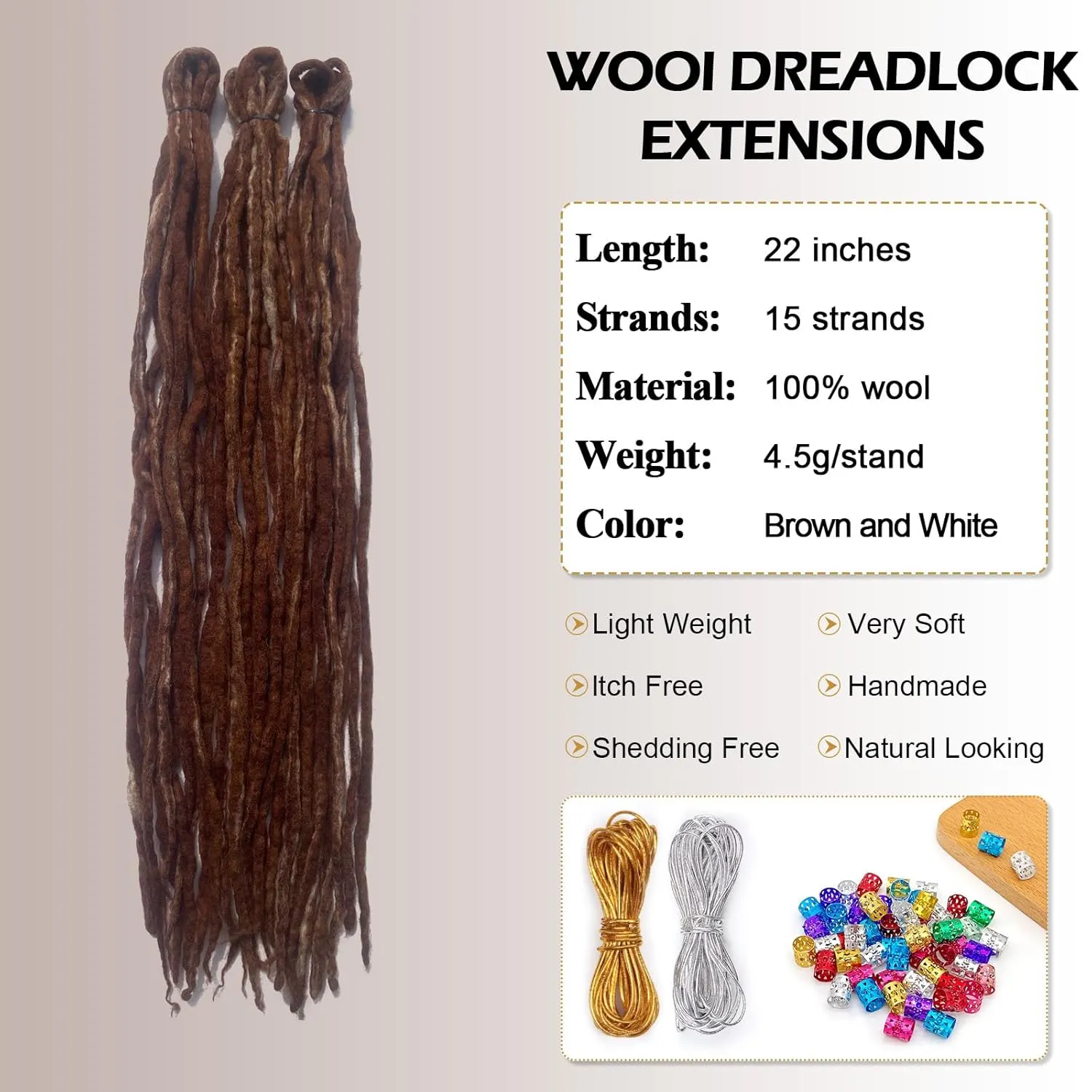 22 Inch Brown Mixed White Wool Dreadlock Extensions Double Ended Strands Dreadlocks for Women Double Ended Wool Dreads with DE Dreads Extensions