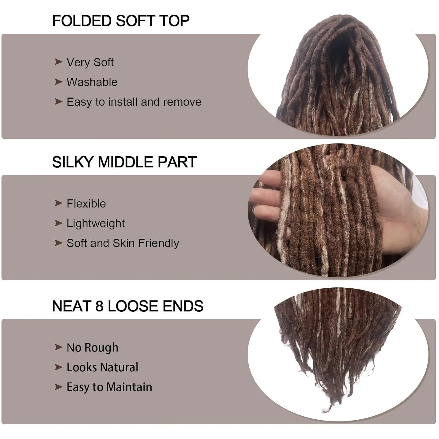 22 Inch Brown Mixed White Wool Dreadlock Extensions Double Ended Strands Dreadlocks for Women Double Ended Wool Dreads with DE Dreads Extensions