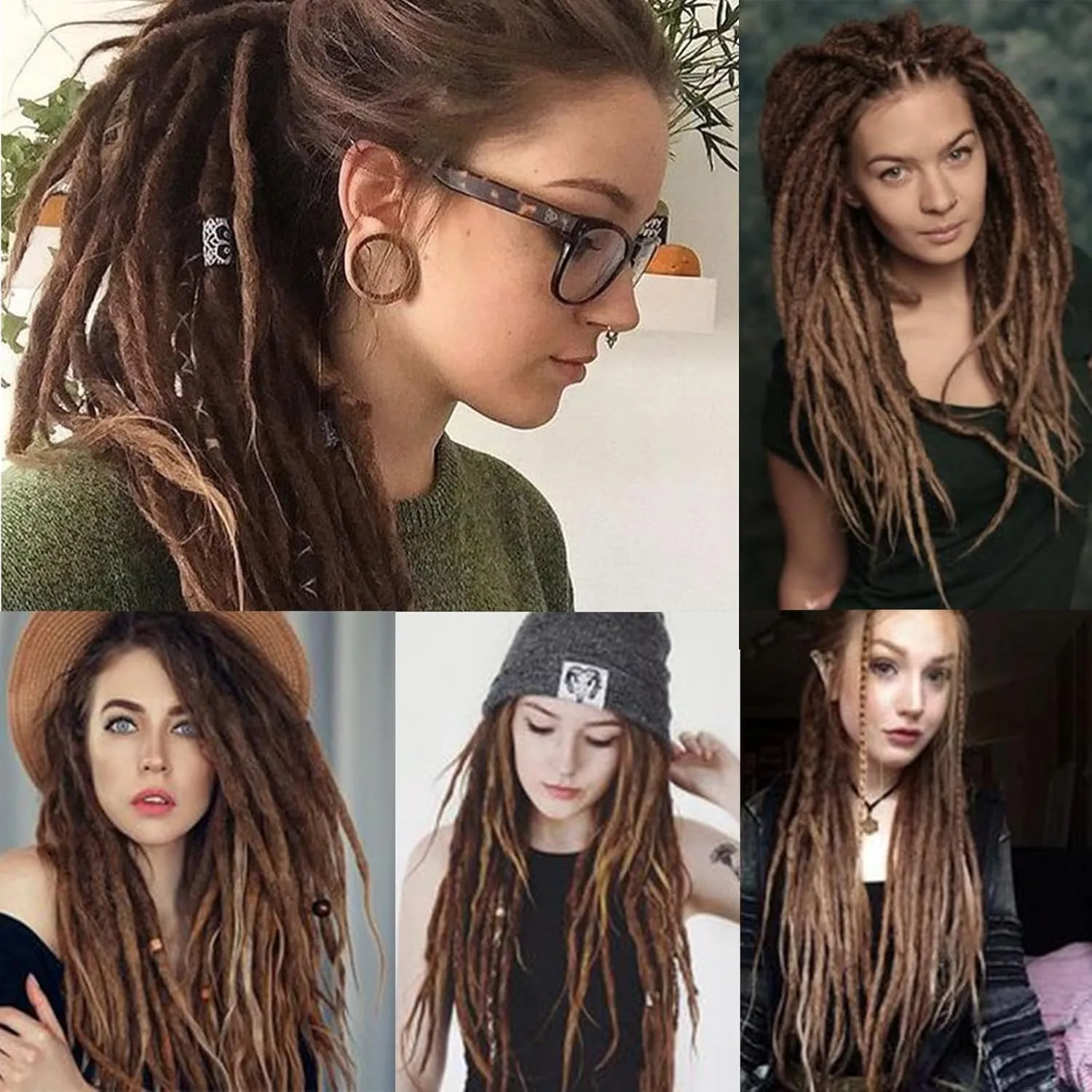 22 Inch Brown Mixed White Wool Dreadlock Extensions Double Ended Strands Dreadlocks for Women Double Ended Wool Dreads with DE Dreads Extensions