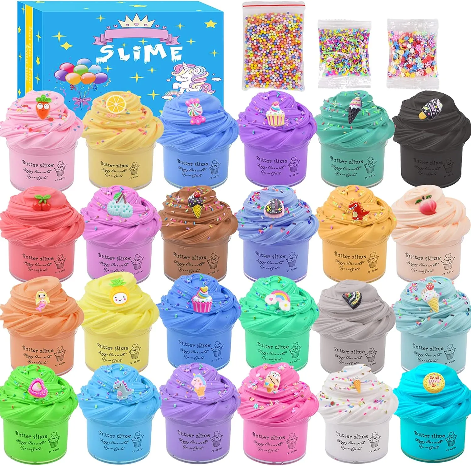 24 Pack Butter Slime Kit, with Unicorn, Fruit, Ice Cream, Animal Mini Scented Slime Charms Suppulies, Non-Sticky & Super Stretchy，Stress Relief Toy for Girls Boys