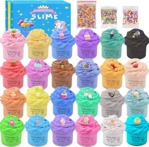 24 Pack Butter Slime Kit, with Unicorn, Fruit, Ice Cream, Animal Mini Scented Slime Charms Suppulies, Non-Sticky & Super Stretchy，Stress Relief Toy for Girls Boys