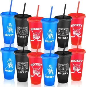 24 Pcs Hockey Plastic Tumblers with Lids and Straws for Hockey Reusable Cute Iced Coffee Travel Cups Mug Water Bottle for Birthday Party