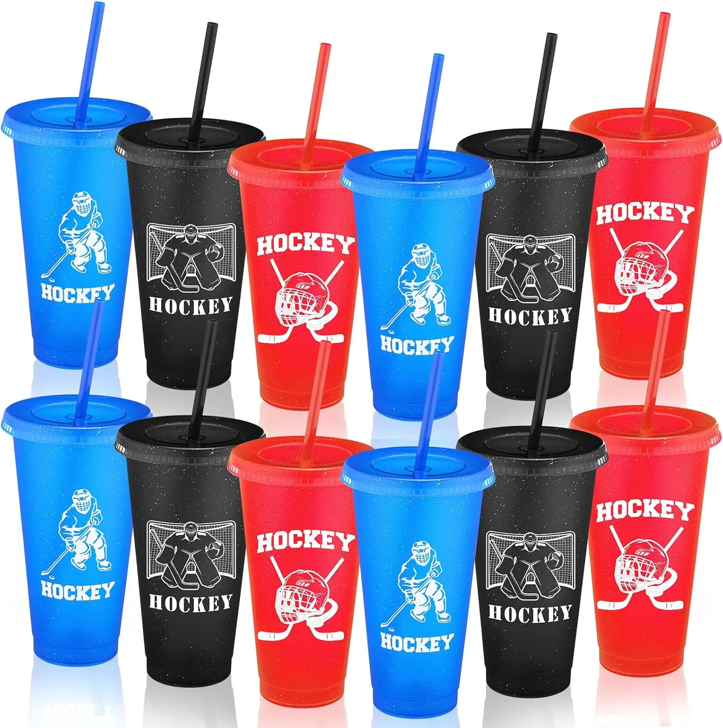 24 Pcs Hockey Plastic Tumblers with Lids and Straws for Hockey Reusable Cute Iced Coffee Travel Cups Mug Water Bottle for Birthday Party