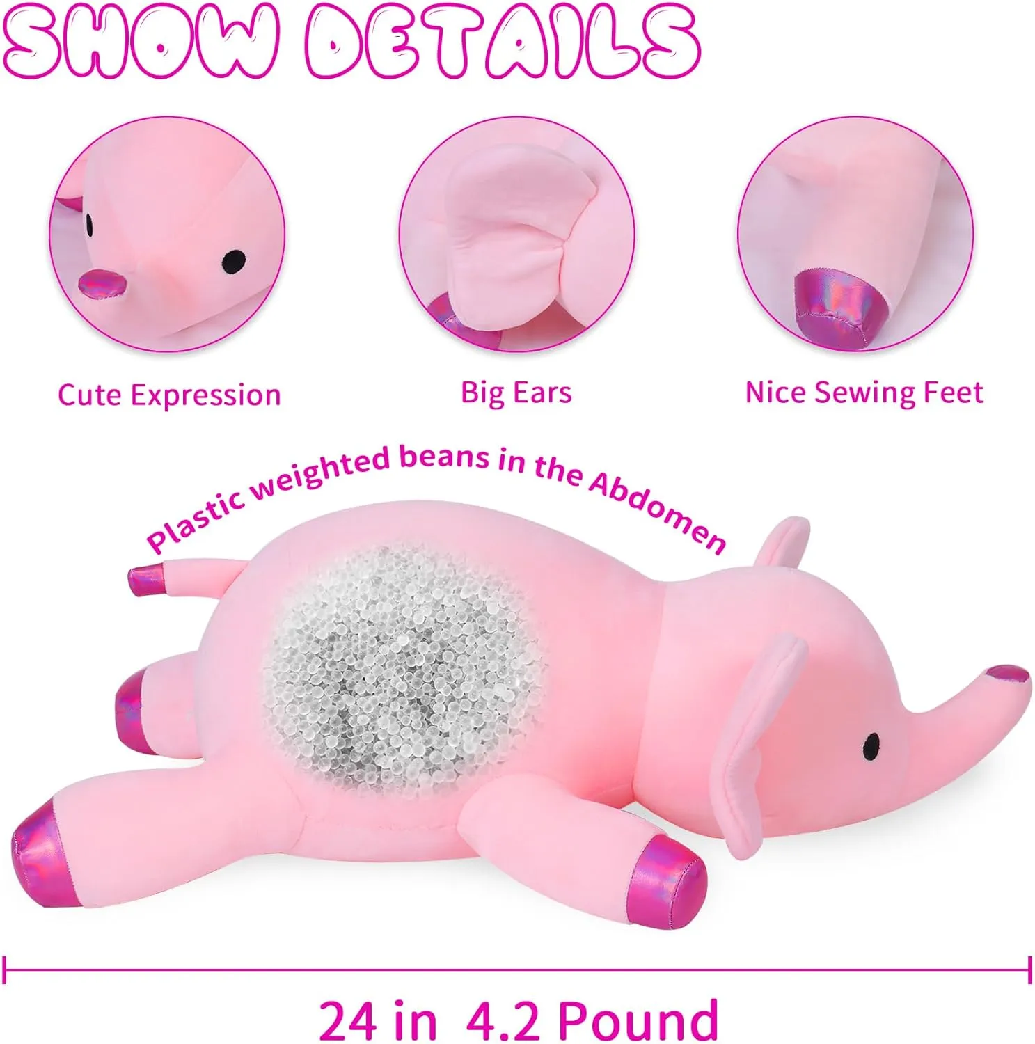 24” Pink Elephant Weighted Stuffed Animals, 4.2Lbs Weighted Elephant Stuffed Animal Soft Pillow Plush Gifts for Kids Adults Women Men Girls Boy