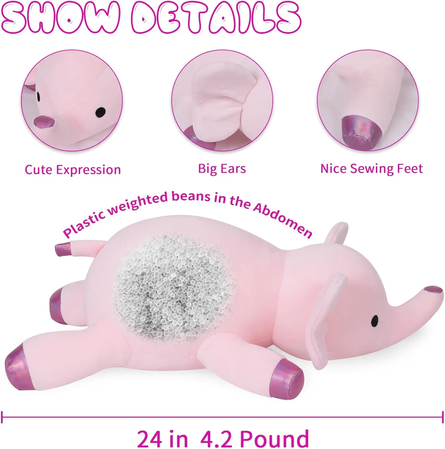 24” Pink Elephant Weighted Stuffed Animals, 4.2Lbs Weighted Elephant Stuffed Animal Soft Pillow Plush Gifts for Kids Adults Women Men Girls Boy