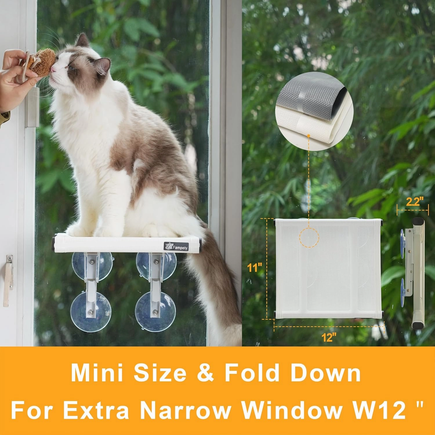 24"XL Cat Window Perch=12" Duo Pac Step=2 Mini Stand for Narrow Space,Vertical Gym Set,8 8 Suction Cup,Hold Up 80LB,Foldable Cordless Underneath Support,Textilene Seat Bed,Easy Clean&Dry-White