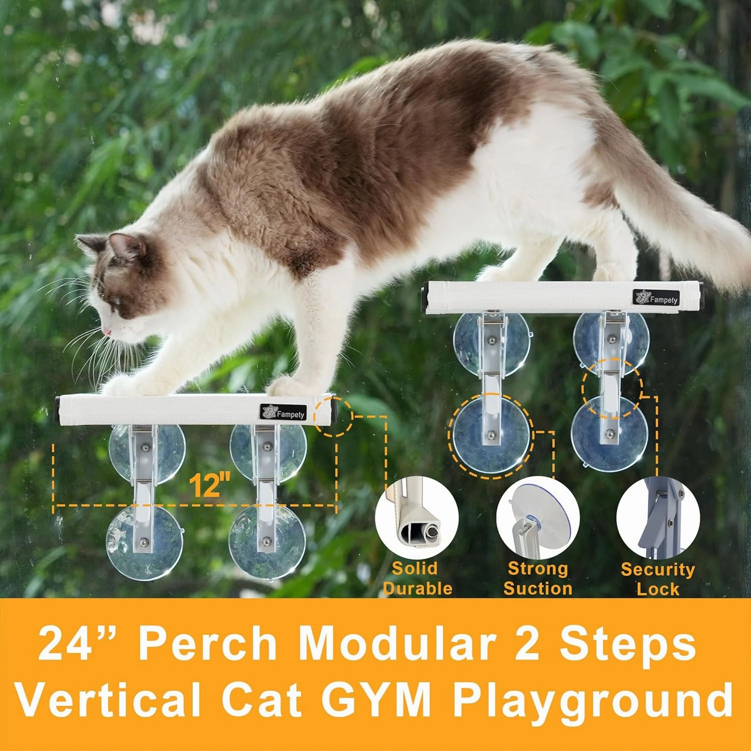 24"XL Cat Window Perch=12" Duo Pac Step=2 Mini Stand for Narrow Space,Vertical Gym Set,8 8 Suction Cup,Hold Up 80LB,Foldable Cordless Underneath Support,Textilene Seat Bed,Easy Clean&Dry-White