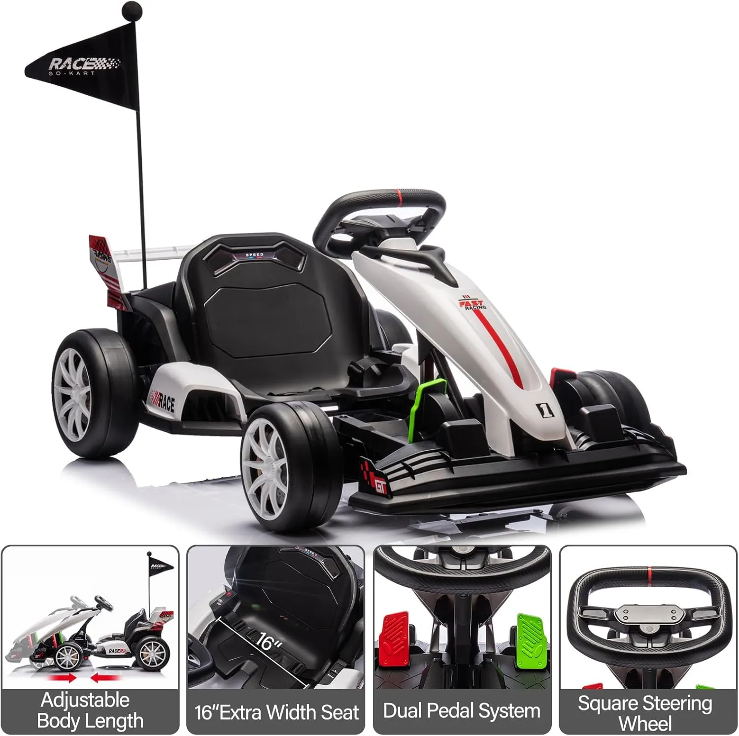 24V Go Kart for Kids 6  Years, 200W*2 Drifting Motors, 7.5 Mph High Speed Drifting Kart Car Riding Vehicle, Extendable Car Length,Max Load 135lbs Outdoor Ride On Racing Toy for Teens Children,White