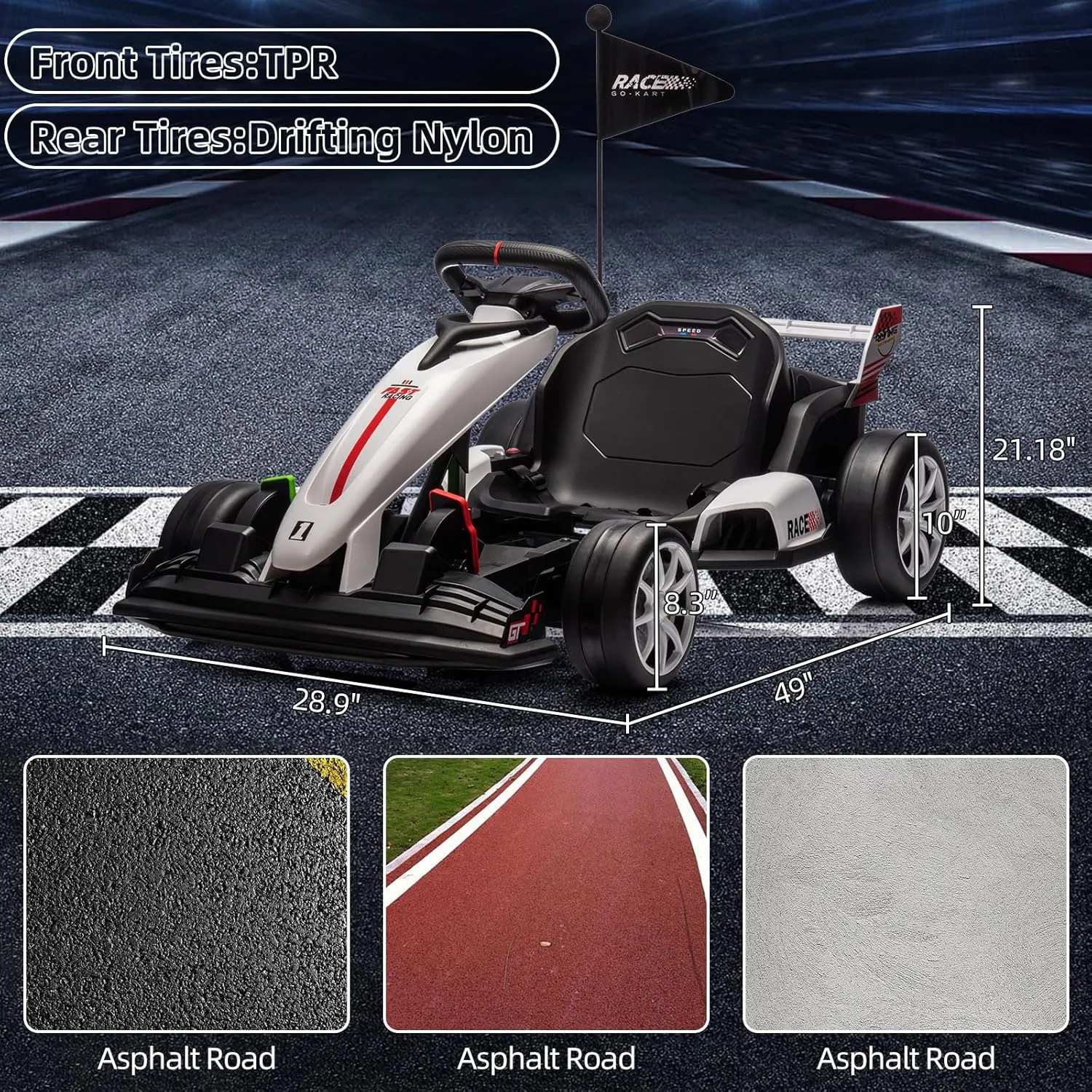 24V Go Kart for Kids 6  Years, 200W*2 Drifting Motors, 7.5 Mph High Speed Drifting Kart Car Riding Vehicle, Extendable Car Length,Max Load 135lbs Outdoor Ride On Racing Toy for Teens Children,White