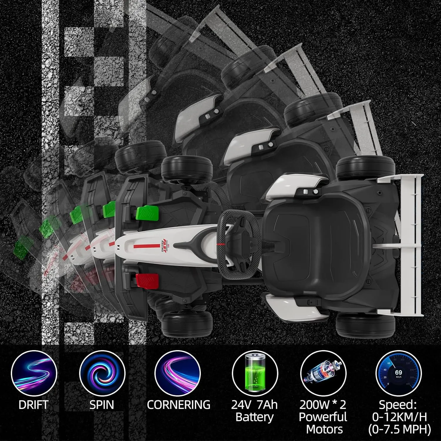 24V Go Kart for Kids 6  Years, 200W*2 Drifting Motors, 7.5 Mph High Speed Drifting Kart Car Riding Vehicle, Extendable Car Length,Max Load 135lbs Outdoor Ride On Racing Toy for Teens Children,White