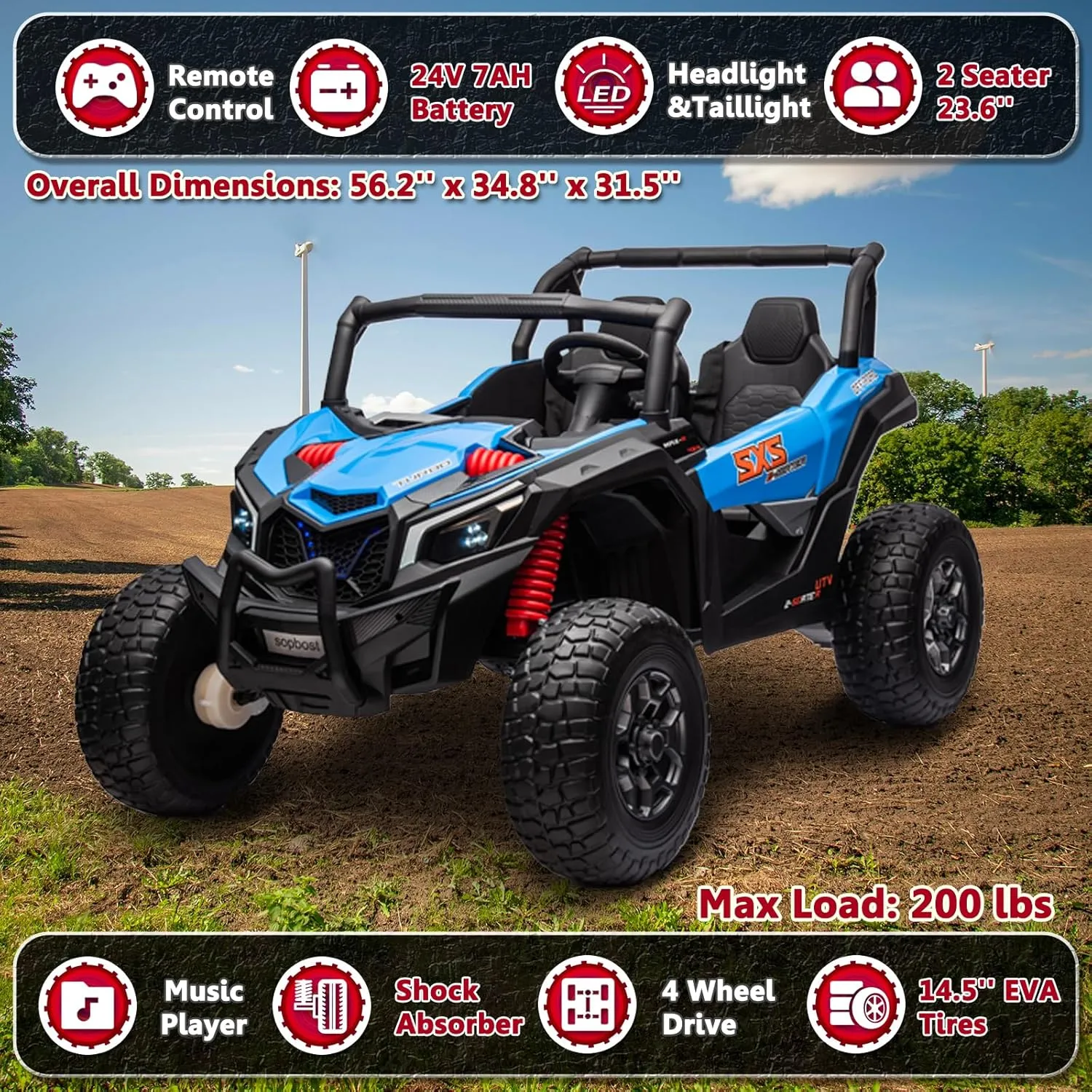 24V Ride On Toys for Big Kids 3-8 Years Old with Parent Remote Control, 4WD Electric Car with EVA Tires, Shock Absorbers, Music Panel, Led Lights, Blue