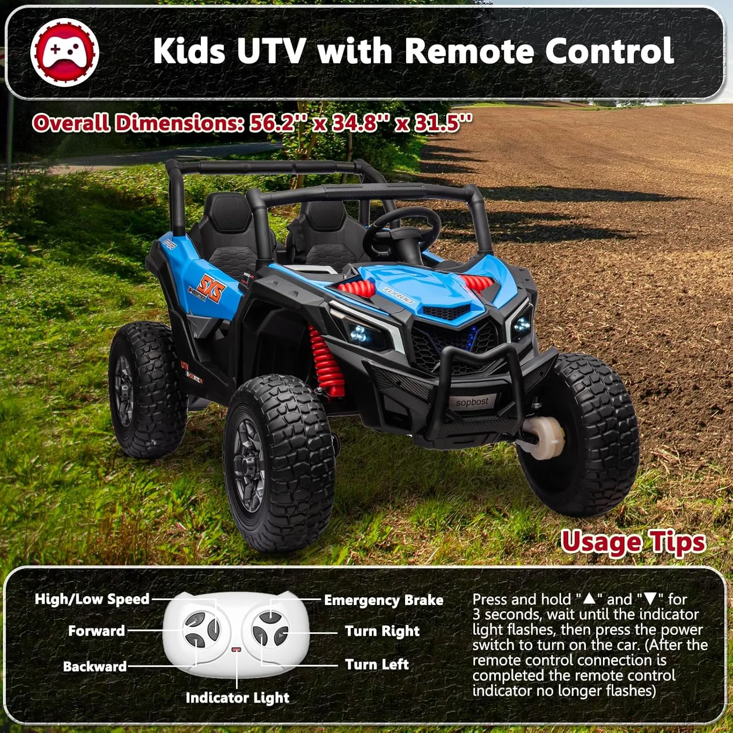 24V Ride On Toys for Big Kids 3-8 Years Old with Parent Remote Control, 4WD Electric Car with EVA Tires, Shock Absorbers, Music Panel, Led Lights, Blue