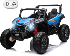 24V Ride On Toys for Big Kids 3-8 Years Old with Parent Remote Control, 4WD Electric Car with EVA Tires, Shock Absorbers, Music Panel, Led Lights, Blue