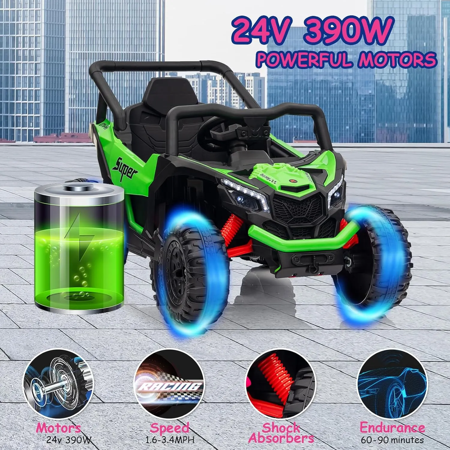 24v Ride on Toys for Big Kids 4-8,Electric Ride on Car for Kids,Off-Road UTV Truck,4WD 25W Motors 3.4mph Max Speed with Remote Control Safety Belt, Horn, Music and Led Lights-Green
