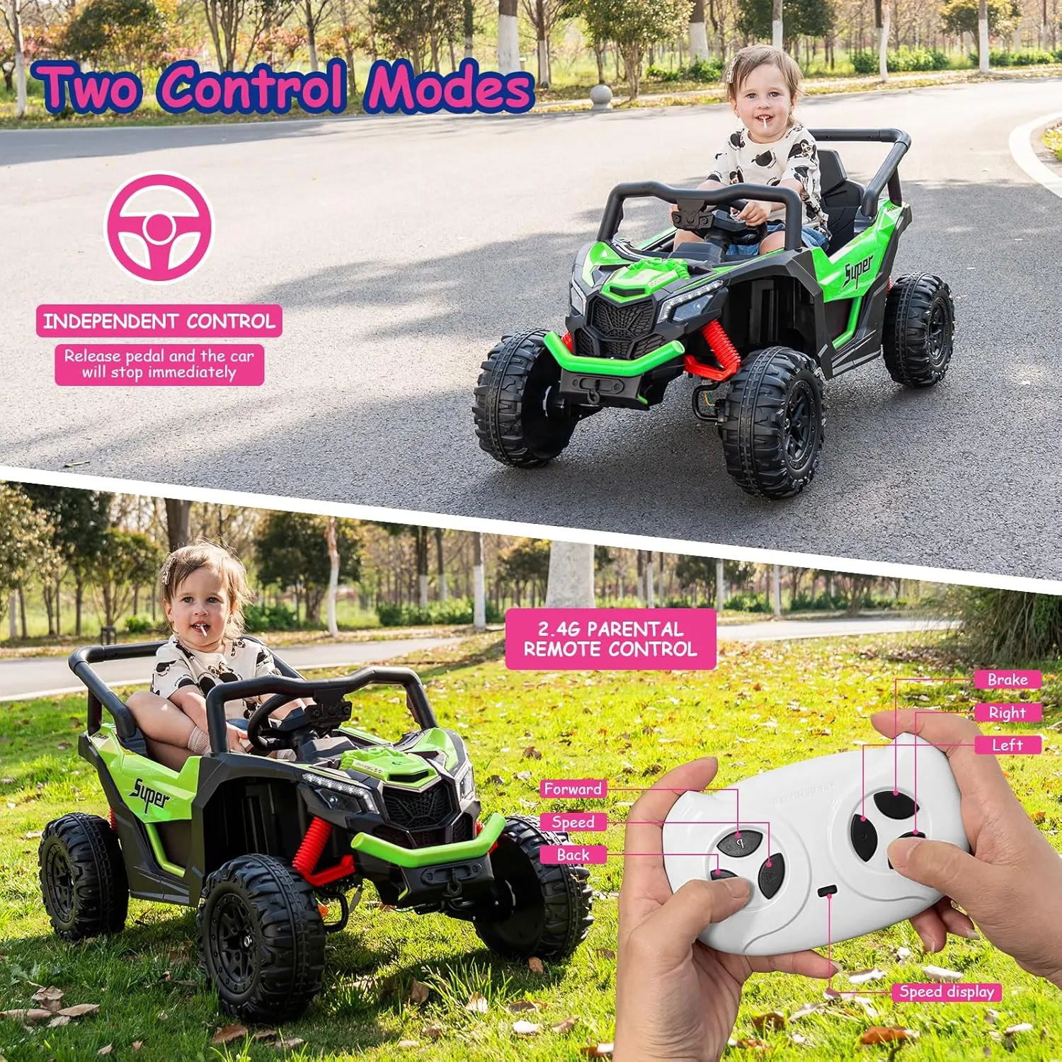 24v Ride on Toys for Big Kids 4-8,Electric Ride on Car for Kids,Off-Road UTV Truck,4WD 25W Motors 3.4mph Max Speed with Remote Control Safety Belt, Horn, Music and Led Lights-Green