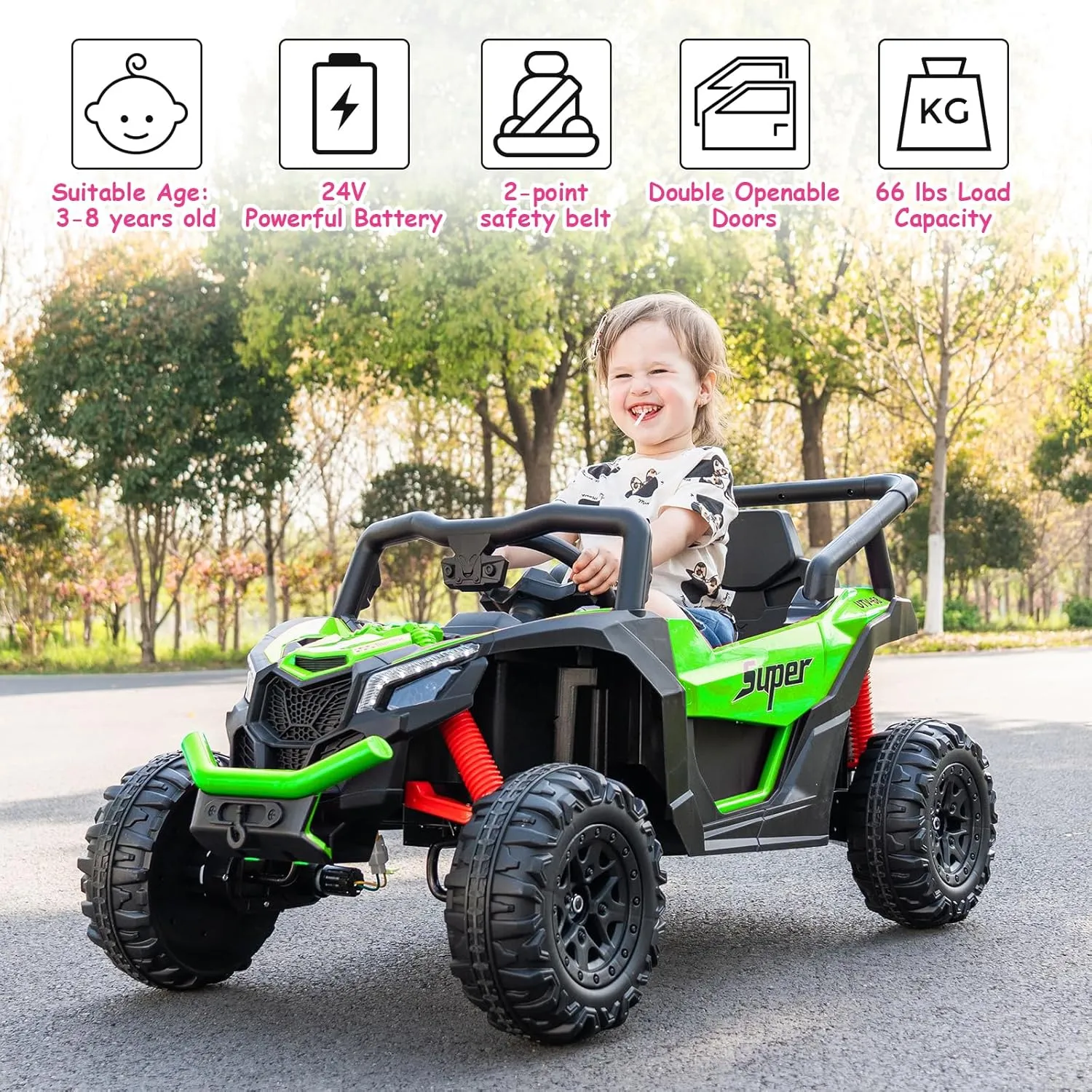 24v Ride on Toys for Big Kids 4-8,Electric Ride on Car for Kids,Off-Road UTV Truck,4WD 25W Motors 3.4mph Max Speed with Remote Control Safety Belt, Horn, Music and Led Lights-Green