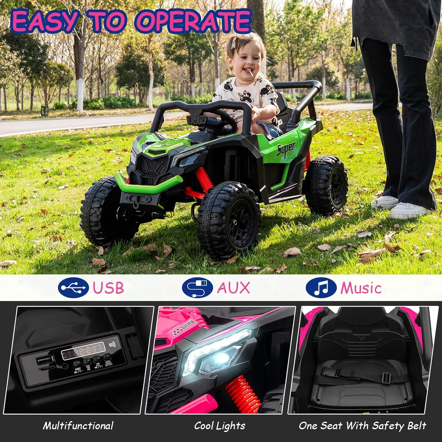 24v Ride on Toys for Big Kids 4-8,Electric Ride on Car for Kids,Off-Road UTV Truck,4WD 25W Motors 3.4mph Max Speed with Remote Control Safety Belt, Horn, Music and Led Lights-Green