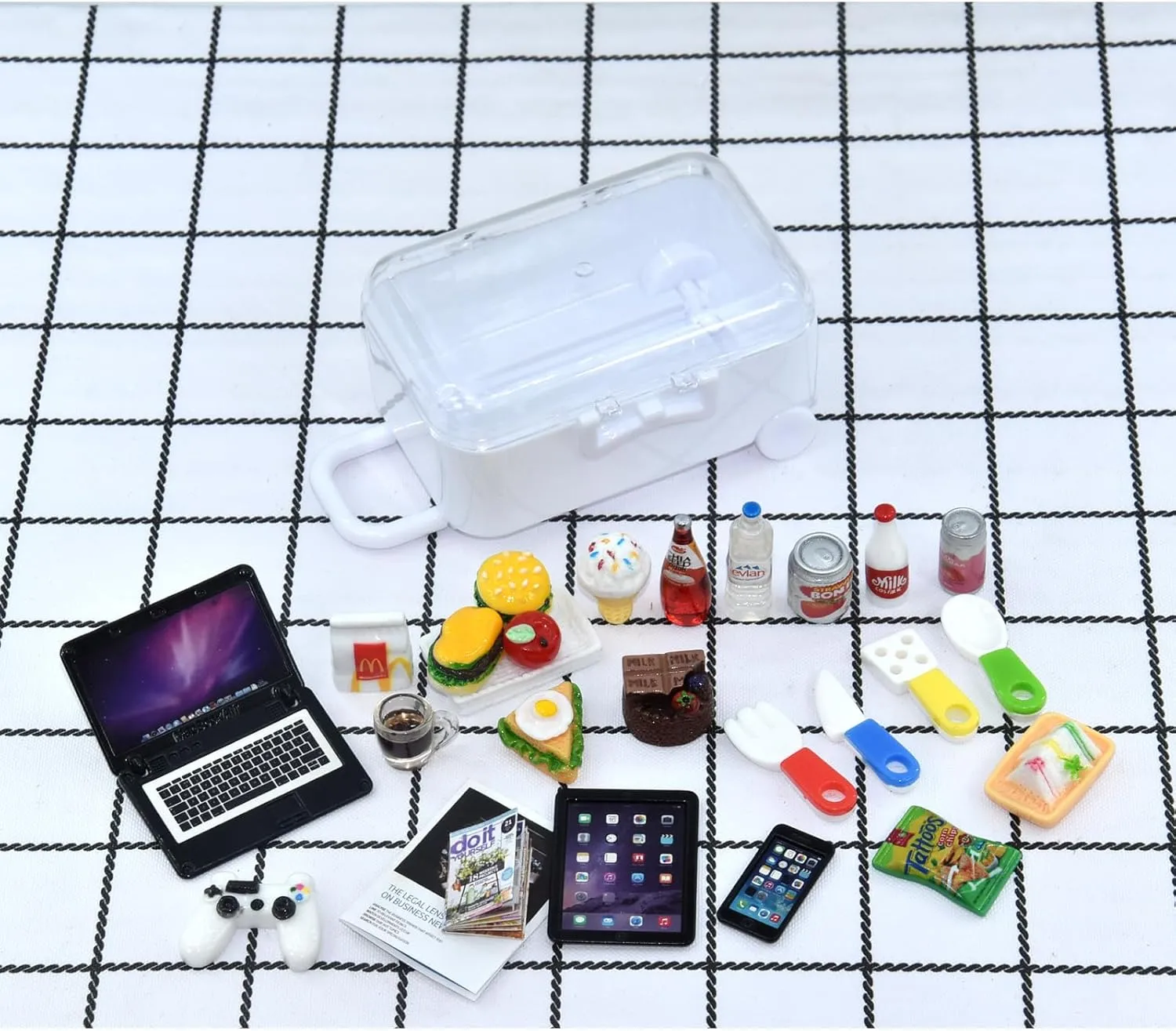 27 Pieces Dollhouse Mini Laptop Tablet and Smart Phone Newspaper Book Miniatures Hamburger Cake Coffee Juice Trolley case DIY Play Game Party Toys Accessories (Black Set)