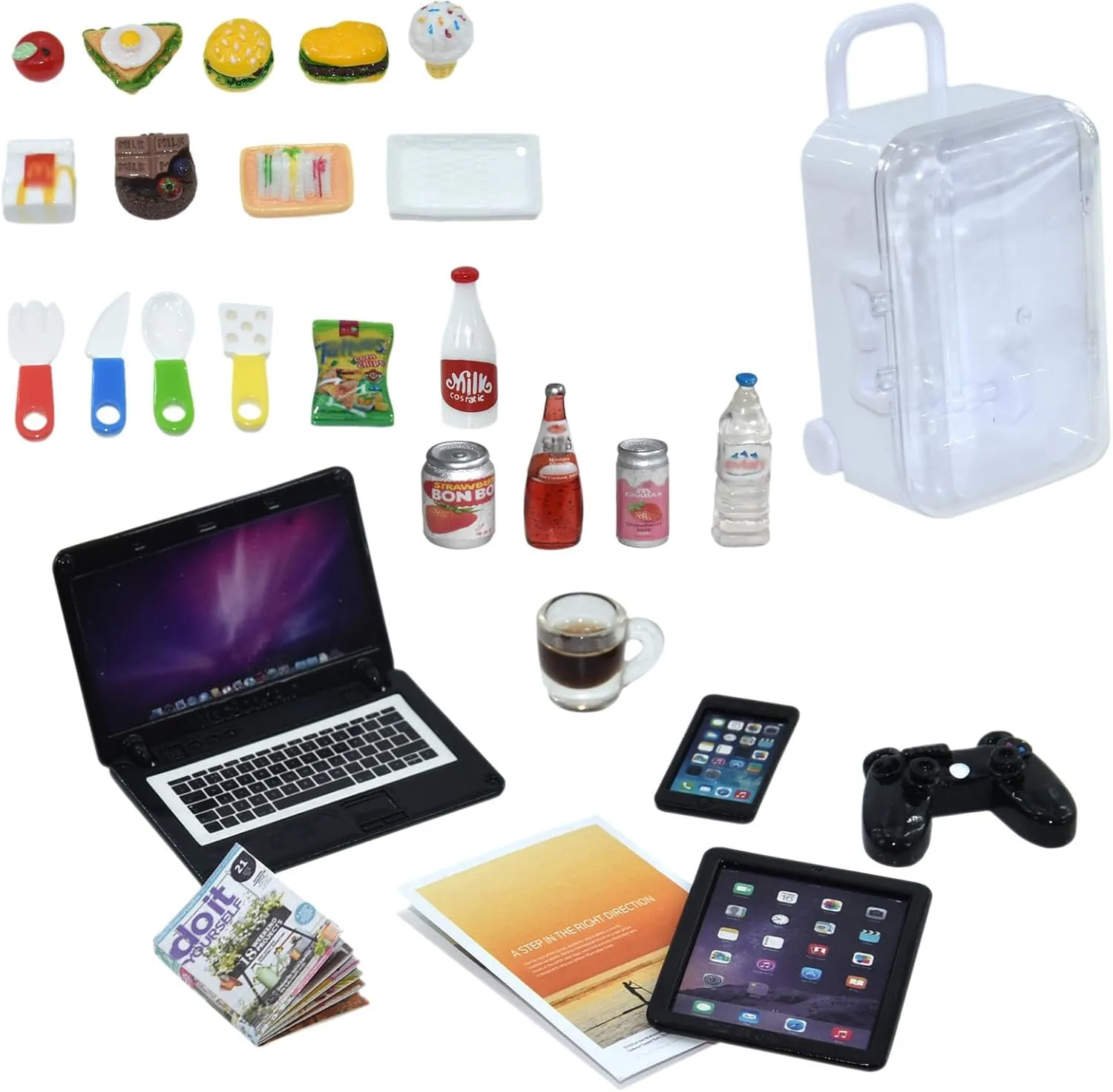 27 Pieces Dollhouse Mini Laptop Tablet and Smart Phone Newspaper Book Miniatures Hamburger Cake Coffee Juice Trolley case DIY Play Game Party Toys Accessories (Black Set)