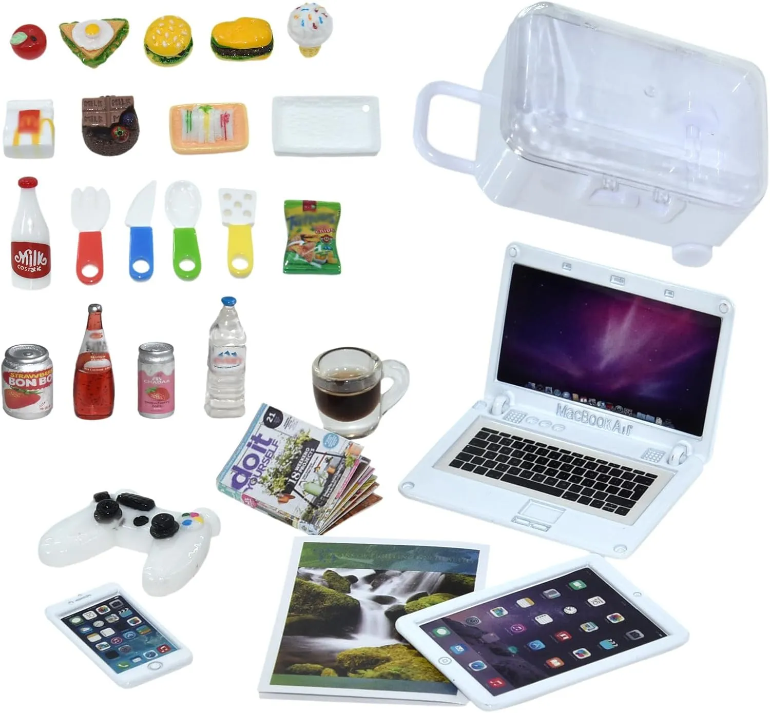 27 Pieces Dollhouse Mini Laptop Tablet and Smart Phone Newspaper Book Miniatures Hamburger Cake Coffee Juice Trolley case DIY Play Game Party Toys Accessories (White Set)
