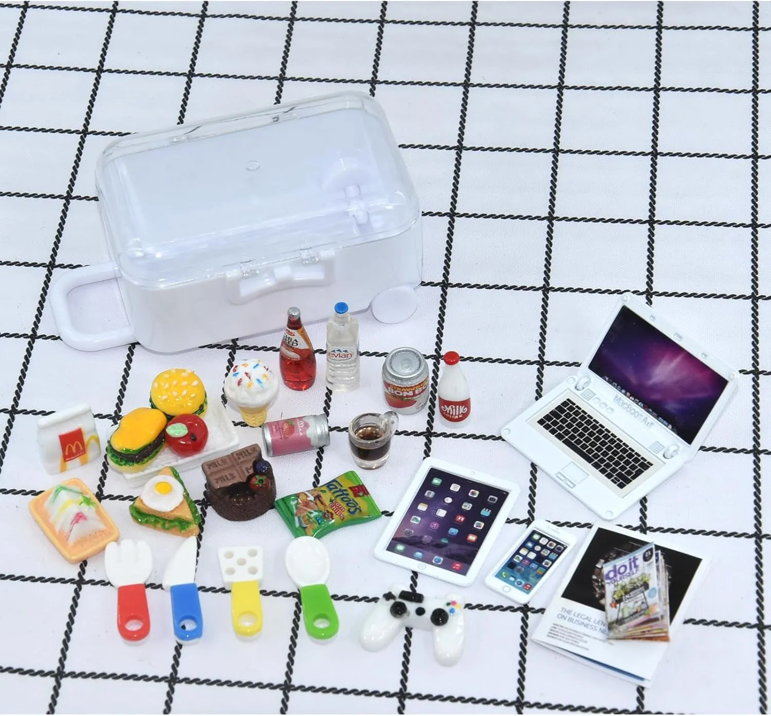27 Pieces Dollhouse Mini Laptop Tablet and Smart Phone Newspaper Book Miniatures Hamburger Cake Coffee Juice Trolley case DIY Play Game Party Toys Accessories (White Set)