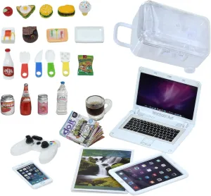 27 Pieces Dollhouse Mini Laptop Tablet and Smart Phone Newspaper Book Miniatures Hamburger Cake Coffee Juice Trolley case DIY Play Game Party Toys Accessories (White Set)