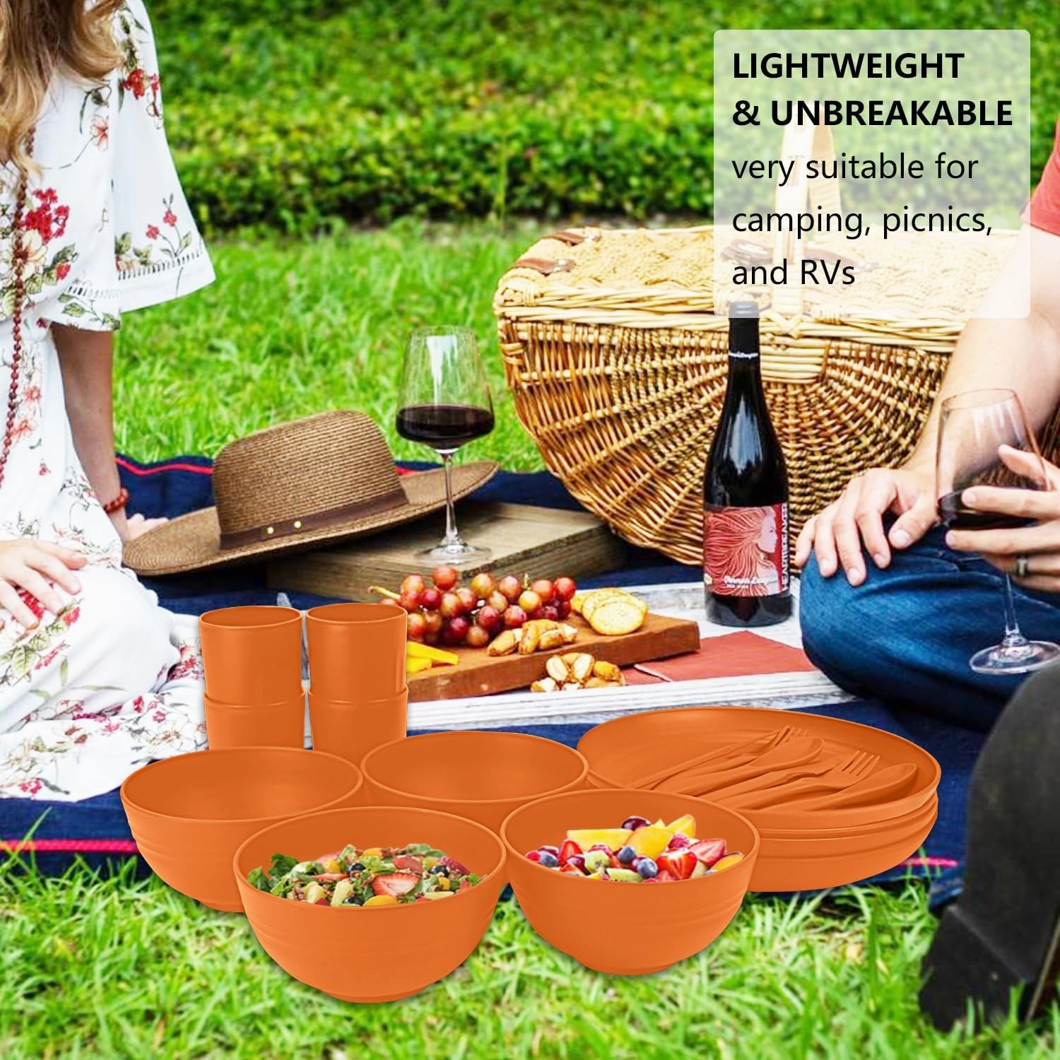 28-Piece Wheat Straw Dinnerware Sets, Microwave & Dishwasher Safe Unbreakable Dinnerware Set, Reusable Dishware Sets, Lightweight Camping Dishes, Plates, Cups, Cereal Bowls for 4(Orange)
