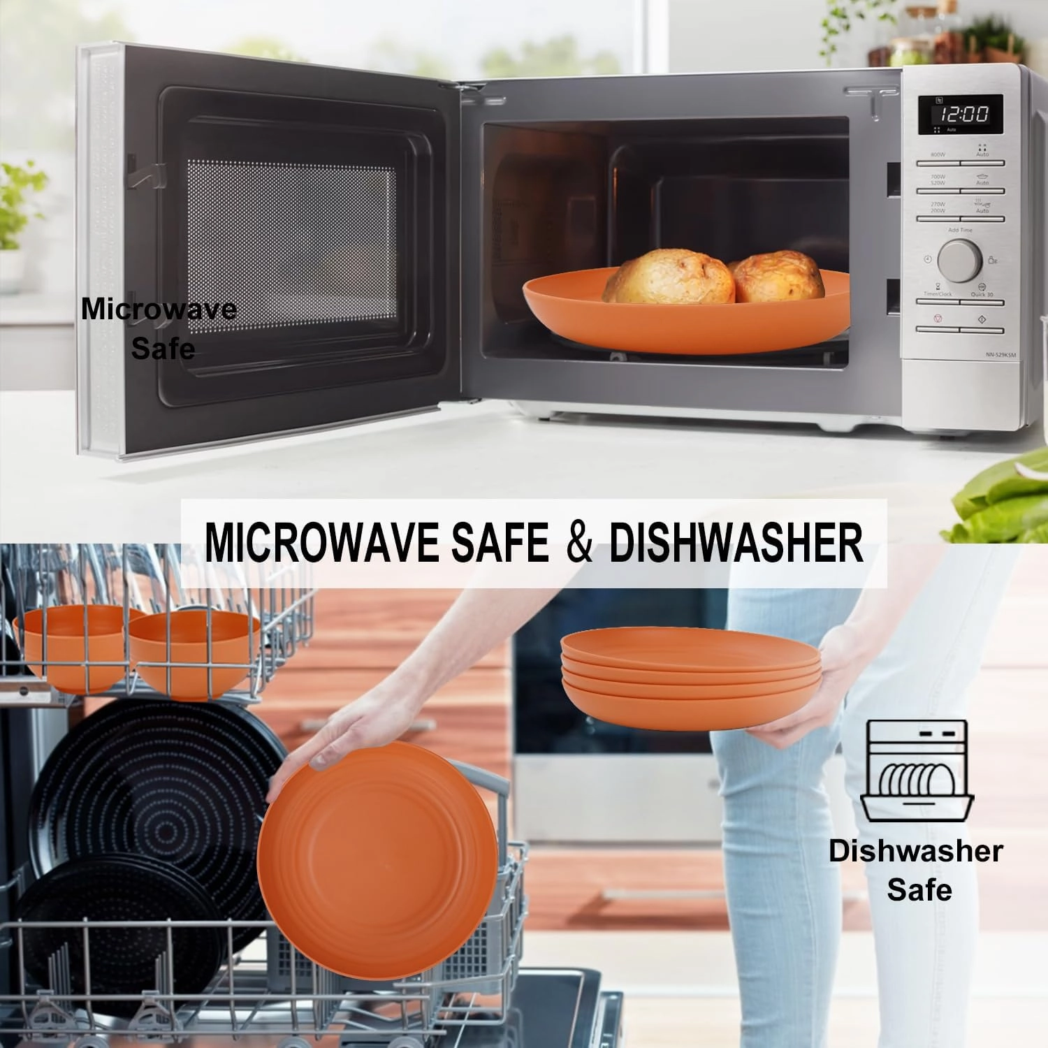 28-Piece Wheat Straw Dinnerware Sets, Microwave & Dishwasher Safe Unbreakable Dinnerware Set, Reusable Dishware Sets, Lightweight Camping Dishes, Plates, Cups, Cereal Bowls for 4(Orange)
