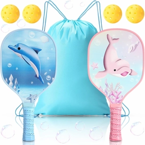 2 Pack Kids Paddle with 4 Cute Ball Small Grip Lightweight Fiberglass Rackets Paddle Set for Children 4-11 Years Old