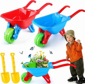 2 Set Kid Wheelbarrow Set, Kids Gardening Tool with Long Shovel Set, Pretend Play Indoor Outdoor Activities Gifts for Boys and Girls, Lightweight Plastic Wheelbarrow (Red Blue)