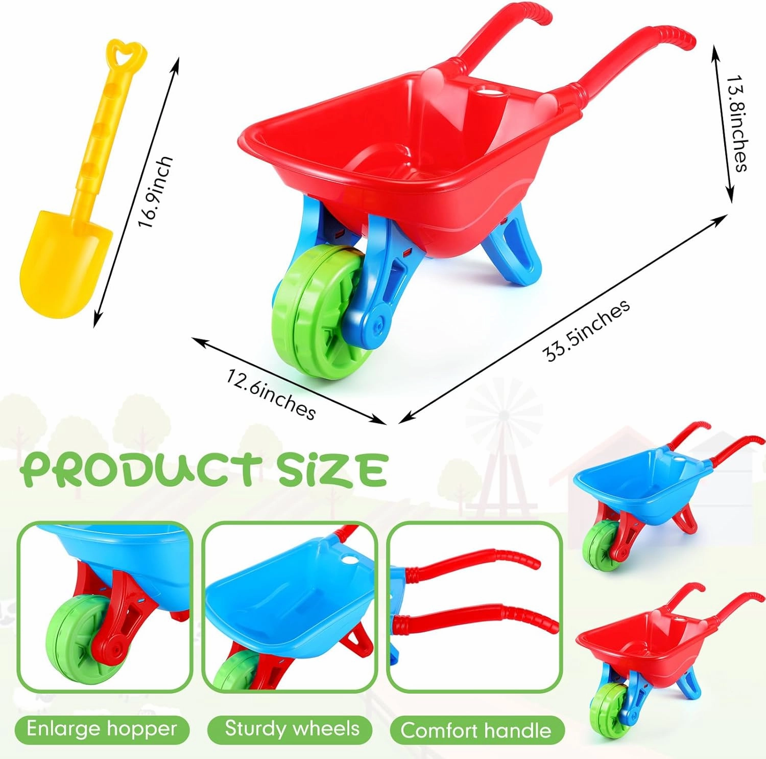 2 Set Kid Wheelbarrow Set, Kids Gardening Tool with Long Shovel Set, Pretend Play Indoor Outdoor Activities Gifts for Boys and Girls, Lightweight Plastic Wheelbarrow (Red Blue)