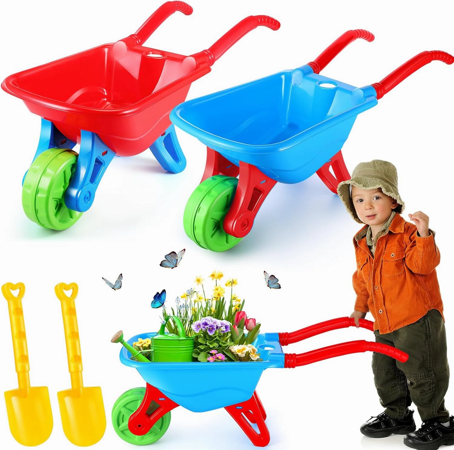 2 Set Kid Wheelbarrow Set, Kids Gardening Tool with Long Shovel Set, Pretend Play Indoor Outdoor Activities Gifts for Boys and Girls, Lightweight Plastic Wheelbarrow (Red Blue)