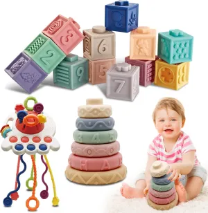 3 in 1 Baby Set: Building Blocks, Sensory and Teething Toys, Pull String Toddler Toy - 19PCS Bath Toys for Infants 6-12 Months
