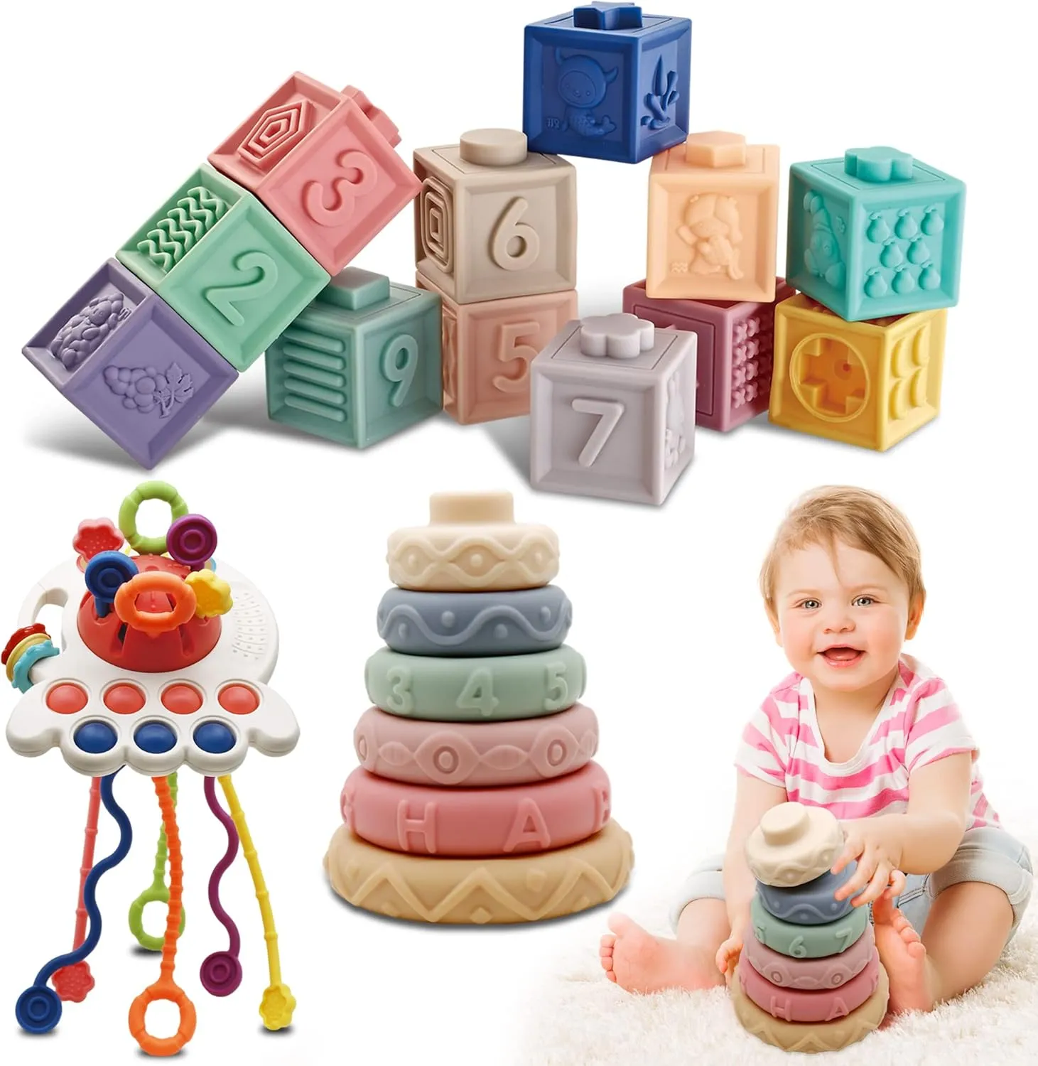 3 in 1 Baby Set: Building Blocks, Sensory and Teething Toys, Pull String Toddler Toy - 19PCS Bath Toys for Infants 6-12 Months