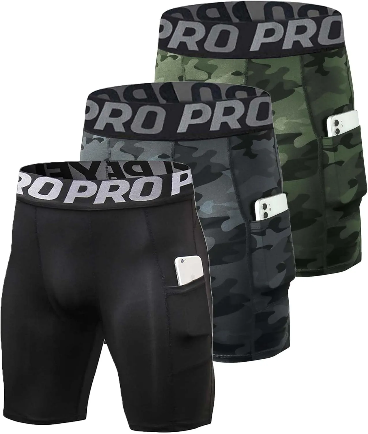 3 Pack Compression Shorts Men with Pocket Cool Dry Spandex Athletic Shorts Biker Running Tights Underwear