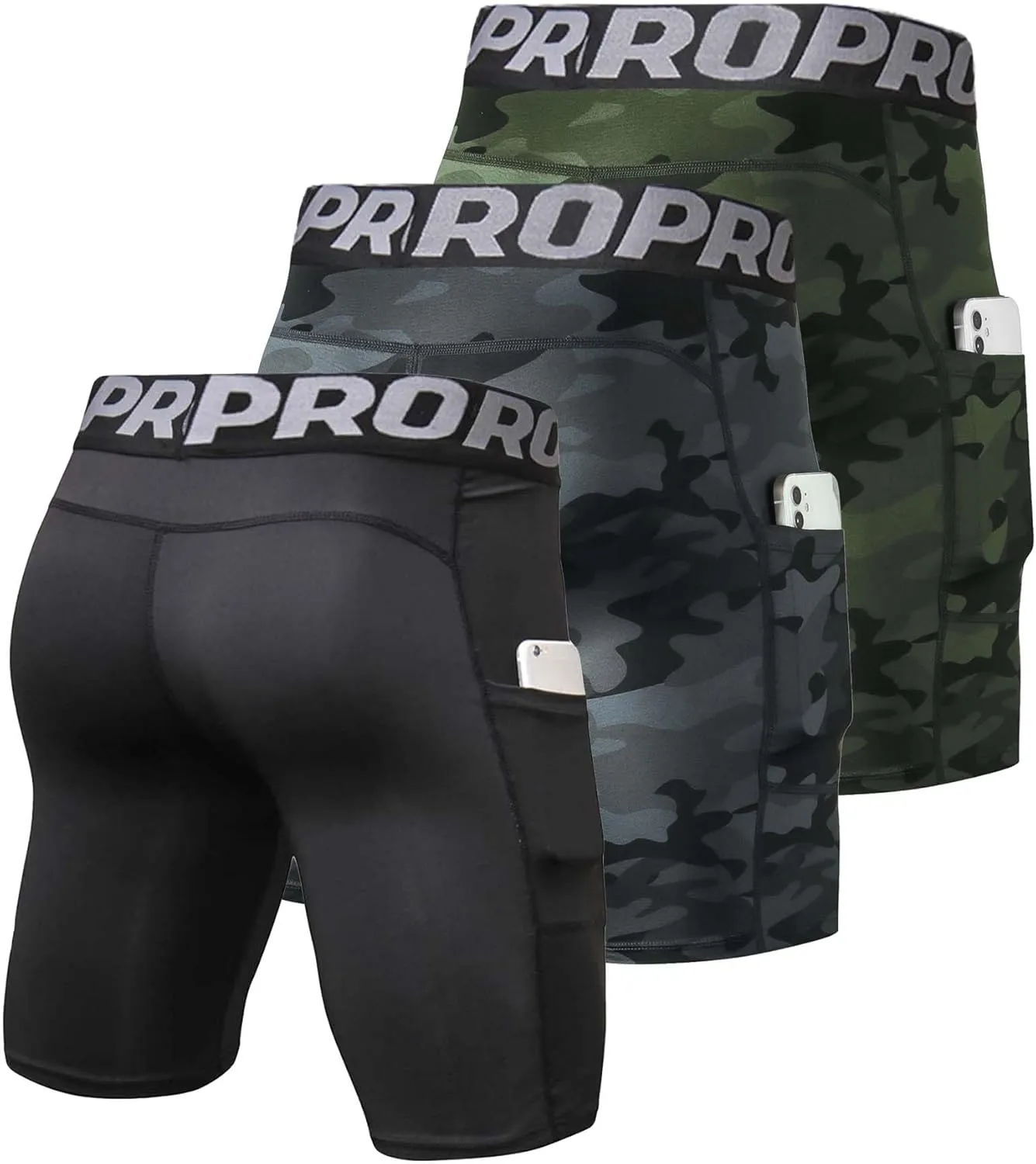 3 Pack Compression Shorts Men with Pocket Cool Dry Spandex Athletic Shorts Biker Running Tights Underwear