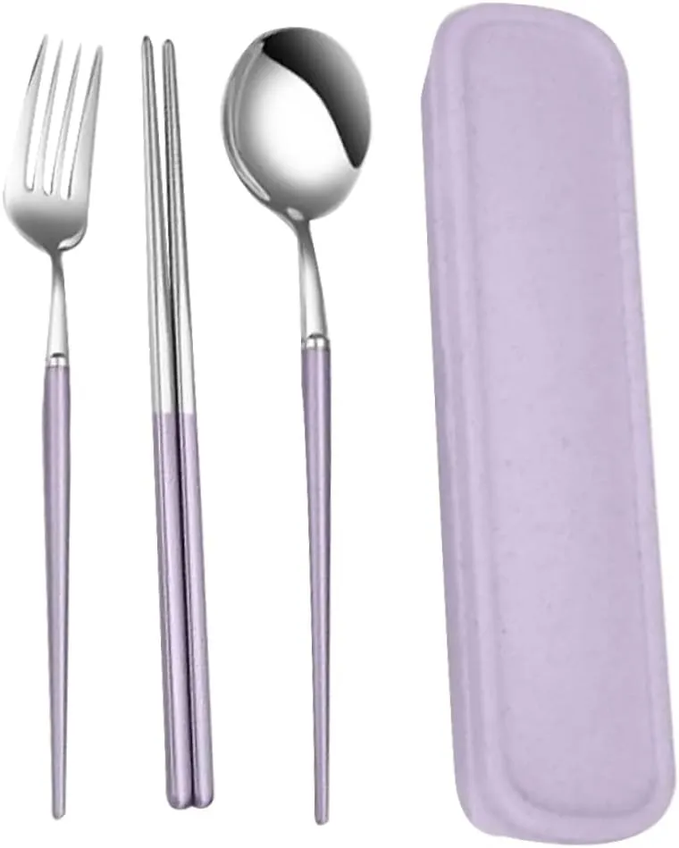 3-pc Stainless Steel Set Reusable Silverware Camping Dinnerware Travel Cutlery Case Adult Style Utensils