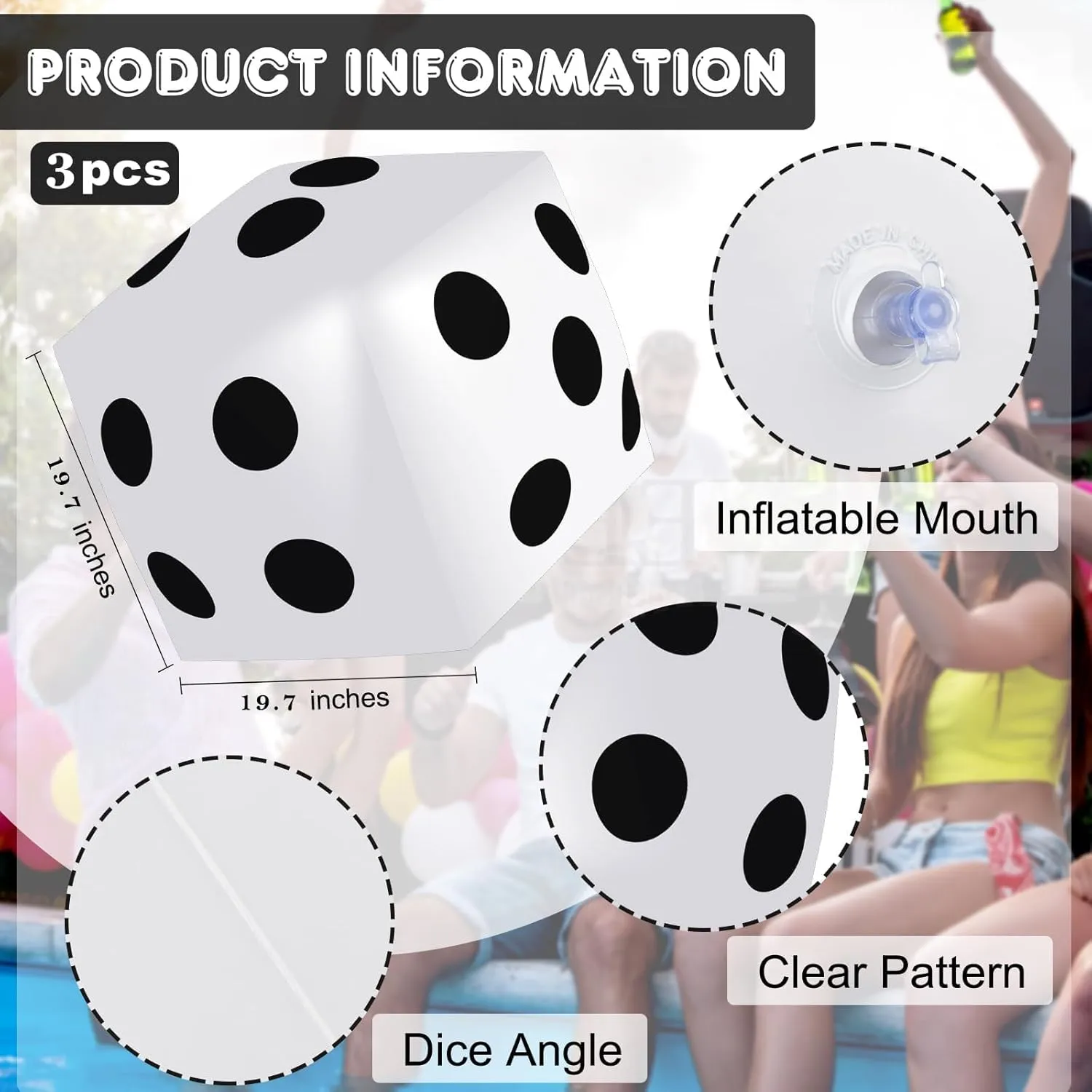 3 Pieces Jumbo Inflatable Dice 19.7 Inch Giant Inflatable Dice Multicolor Large Fun Game Toy for Indoor Outdoor Lawn Swimming Pool Party Board Game, White