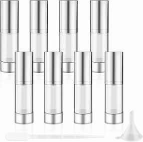 30ml/1oz Empty Airless Pump Bottles with Silver Pump Head 8 Pcs Plastic Vacuum Bottle Refillable Cosmetic Containers for Lotion Cream Foundation,1Funnel & 1 Pipette